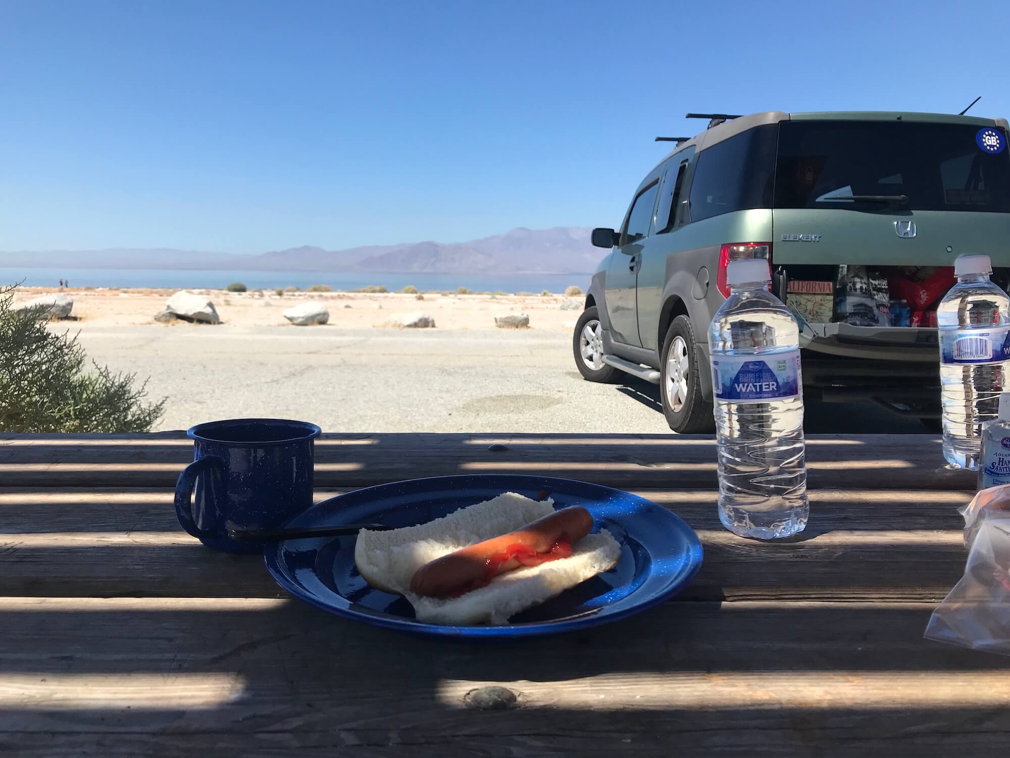 Hotdogs and Aeropress Coffee at Mecca Beach
