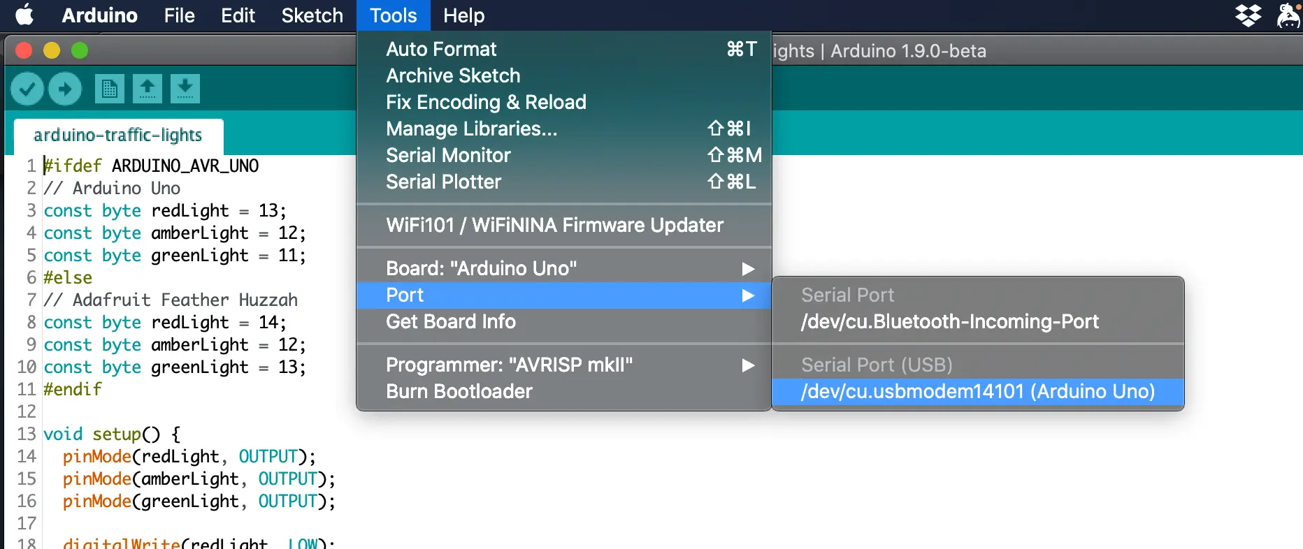 Selecting the port for the Arduino Uno