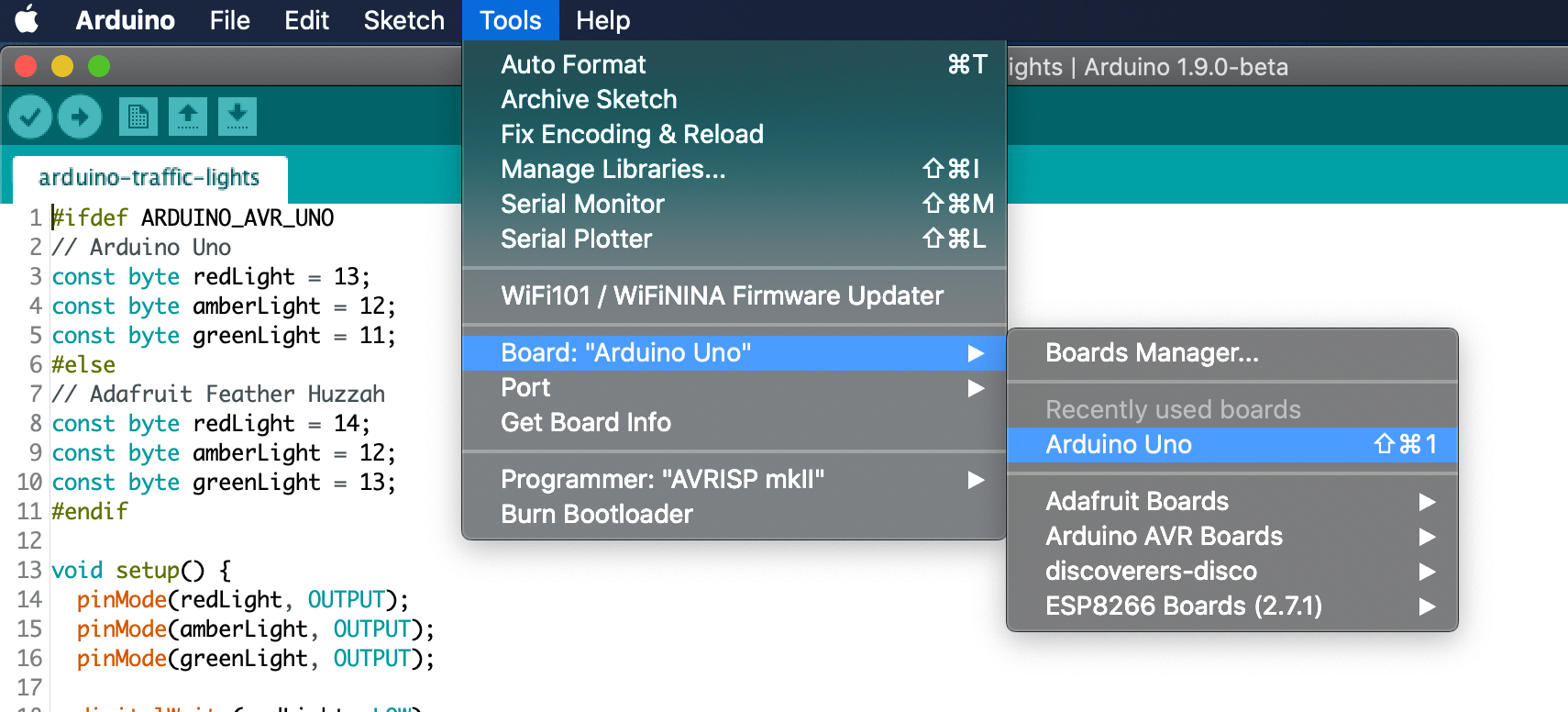 Selecting the Arduino Uno board