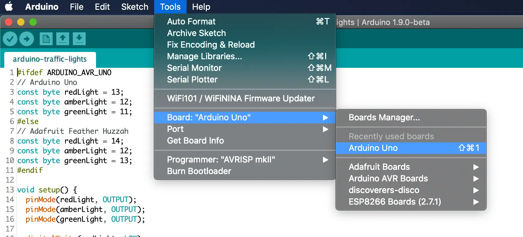 Selecting the Arduino Uno board