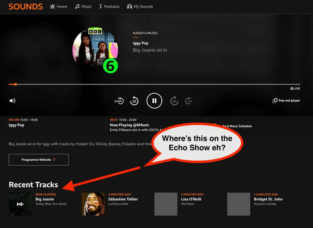 BBC Sounds web showing the current artist and track information.