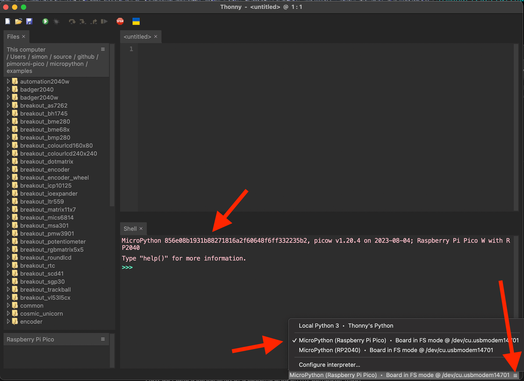 Selecting the correct Python interpreter in the Thonny IDE.