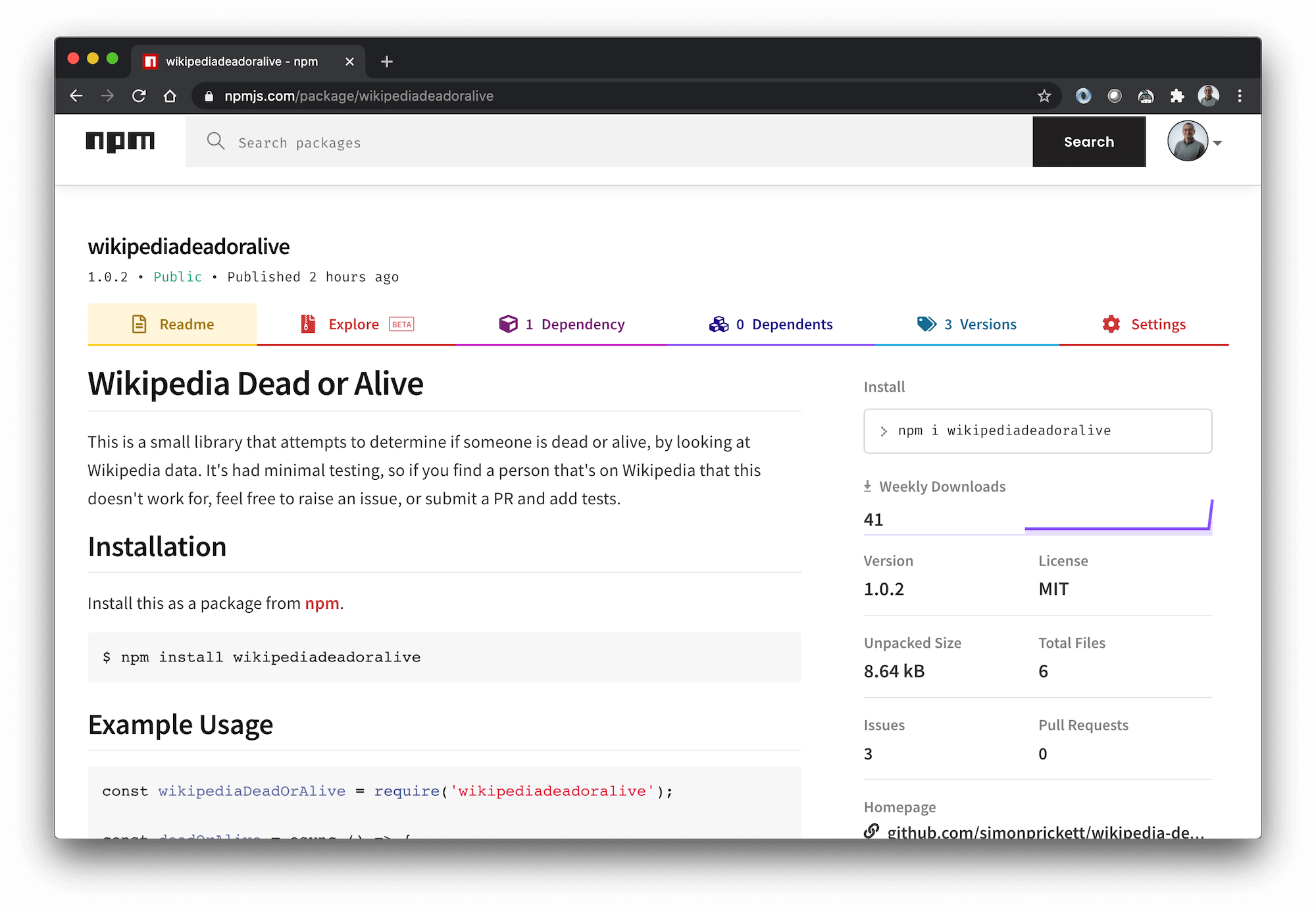 npm Page for my package