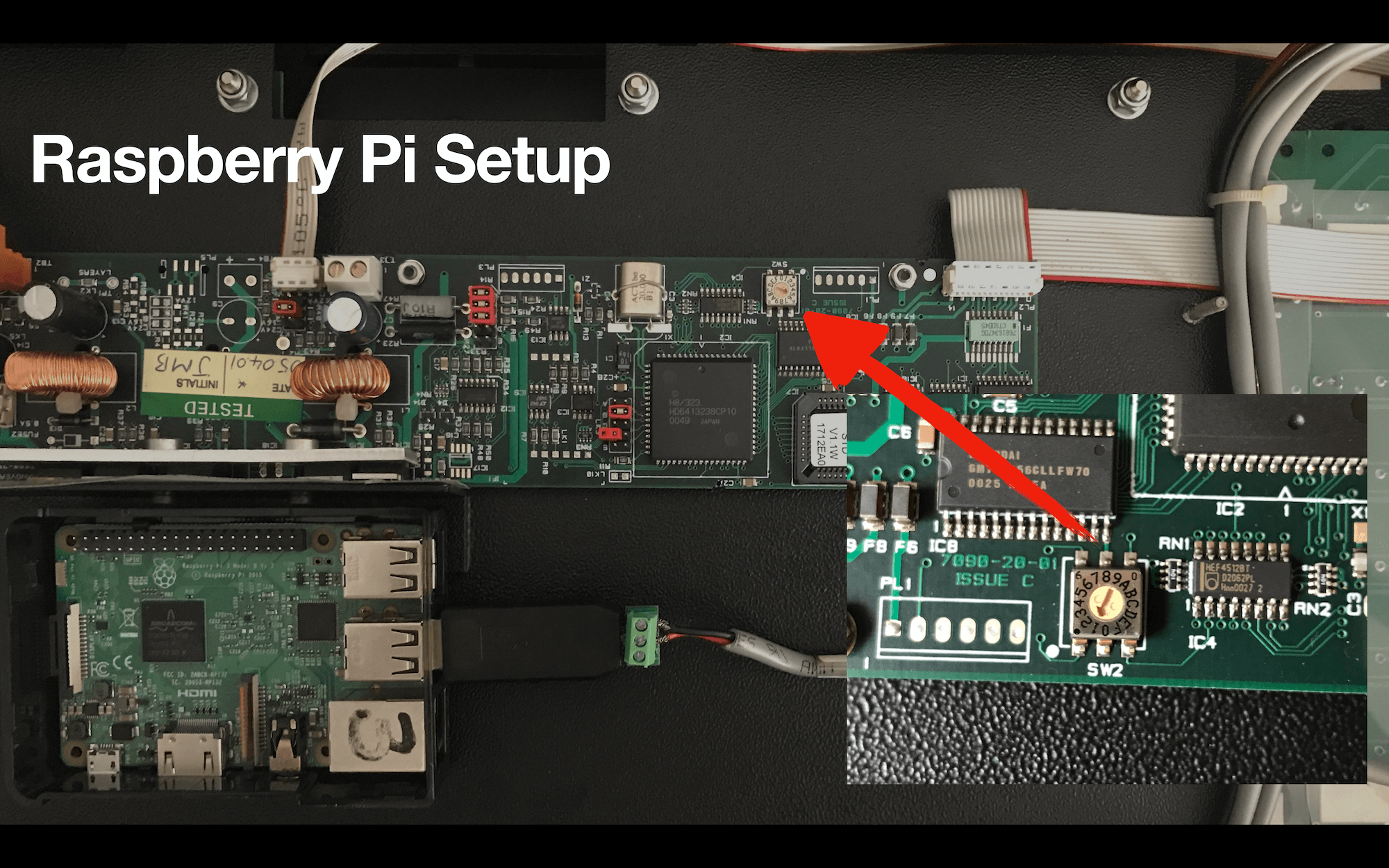 Inside the flip dot sign showing the Raspberry Pi and RS485 USB modem