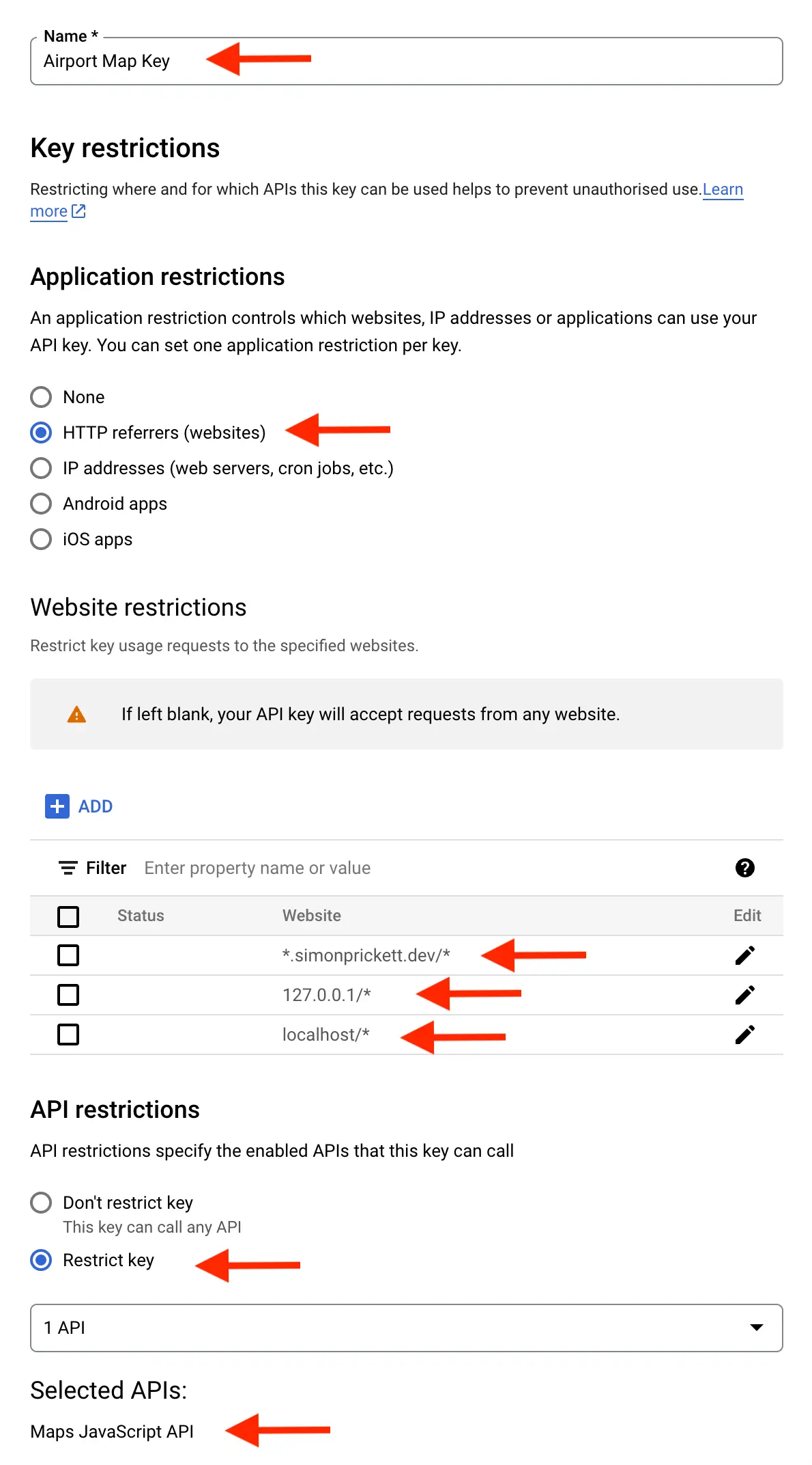 Restricting the Google Maps API key.