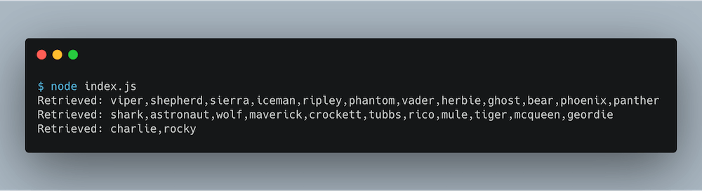 Output from the Redis set generator example.
