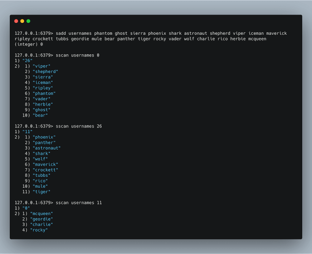 SSCAN example with Redis.