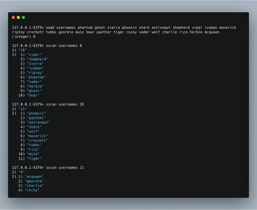 SSCAN example with Redis.
