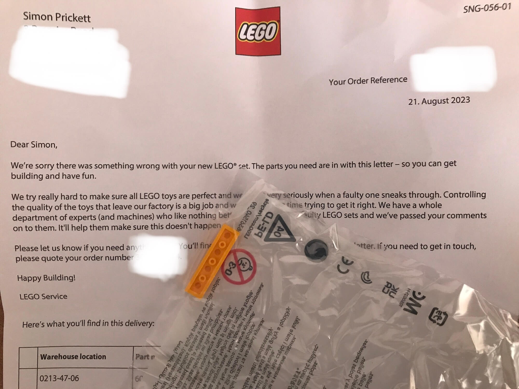 The missing piece arrives, with a nice letter from Lego.