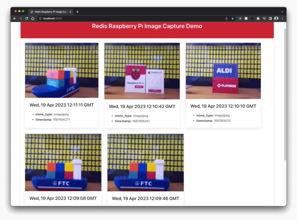 The front end showing a few captured images (v2.1 camera - no autofocus).