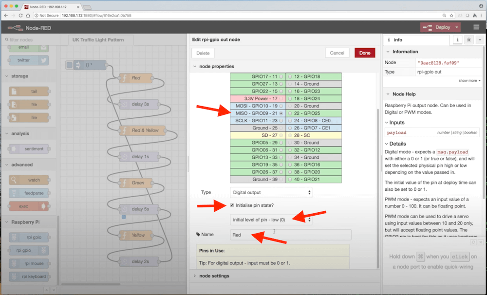 Configuring GPIO output nodes.