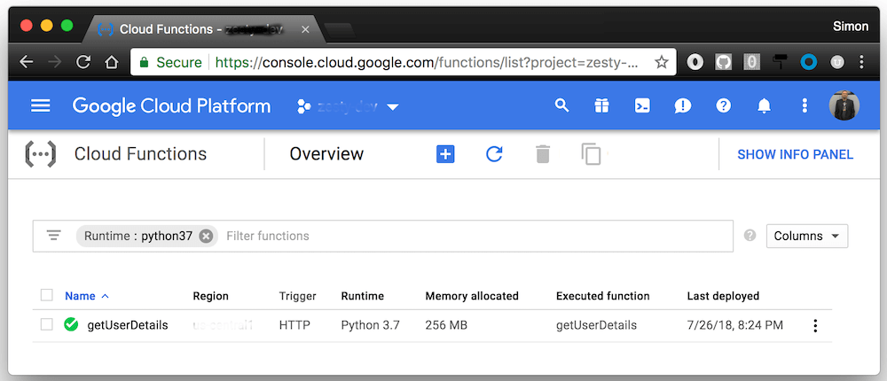 Cloud Functions console