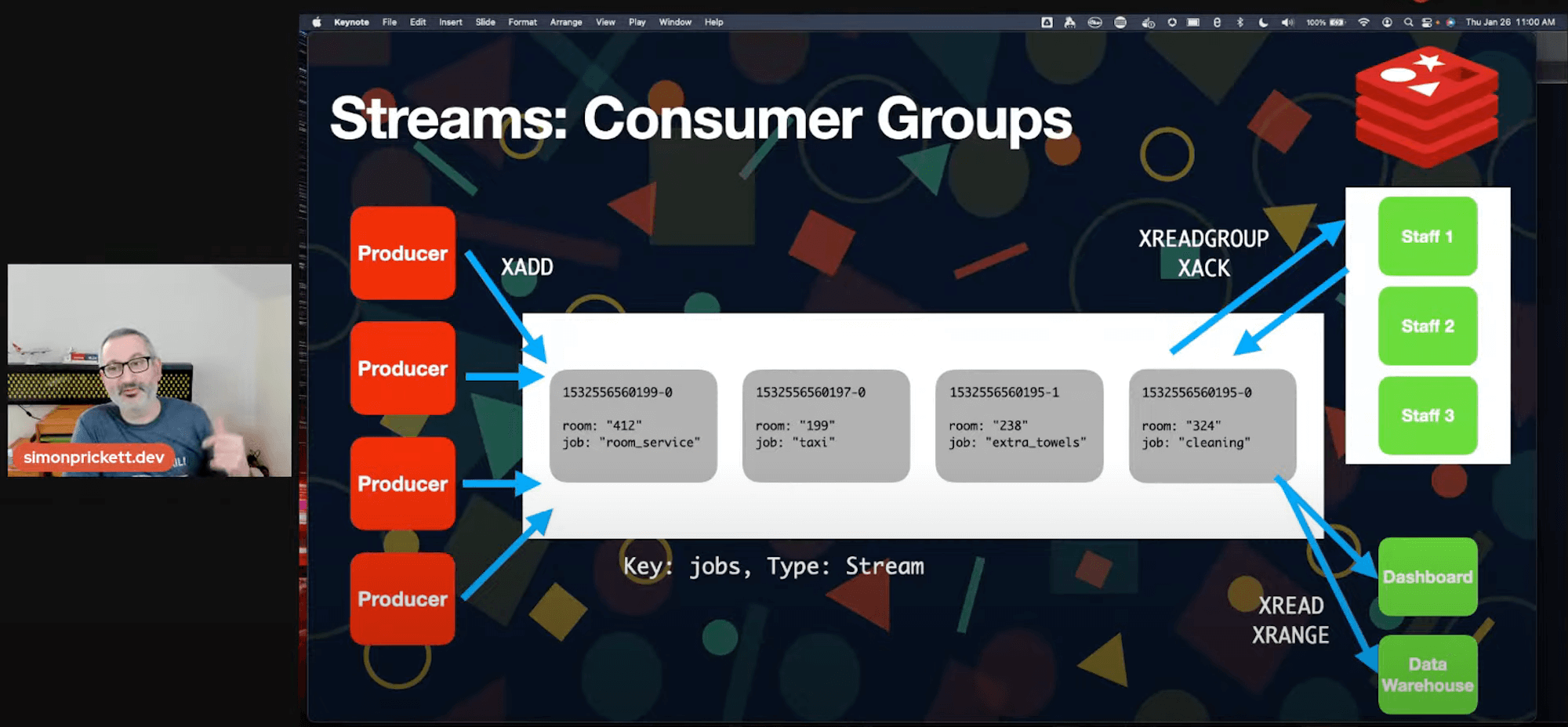 Screenshot from my live stream demonstrating Redis Consumer Groups